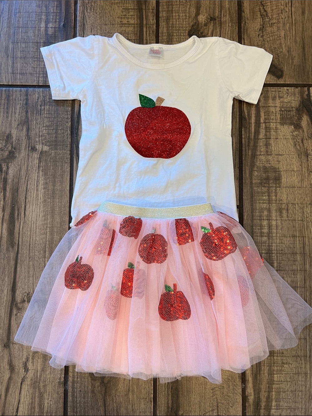Girls White & Pink Apple Tutu Set with Red Glitter Apples